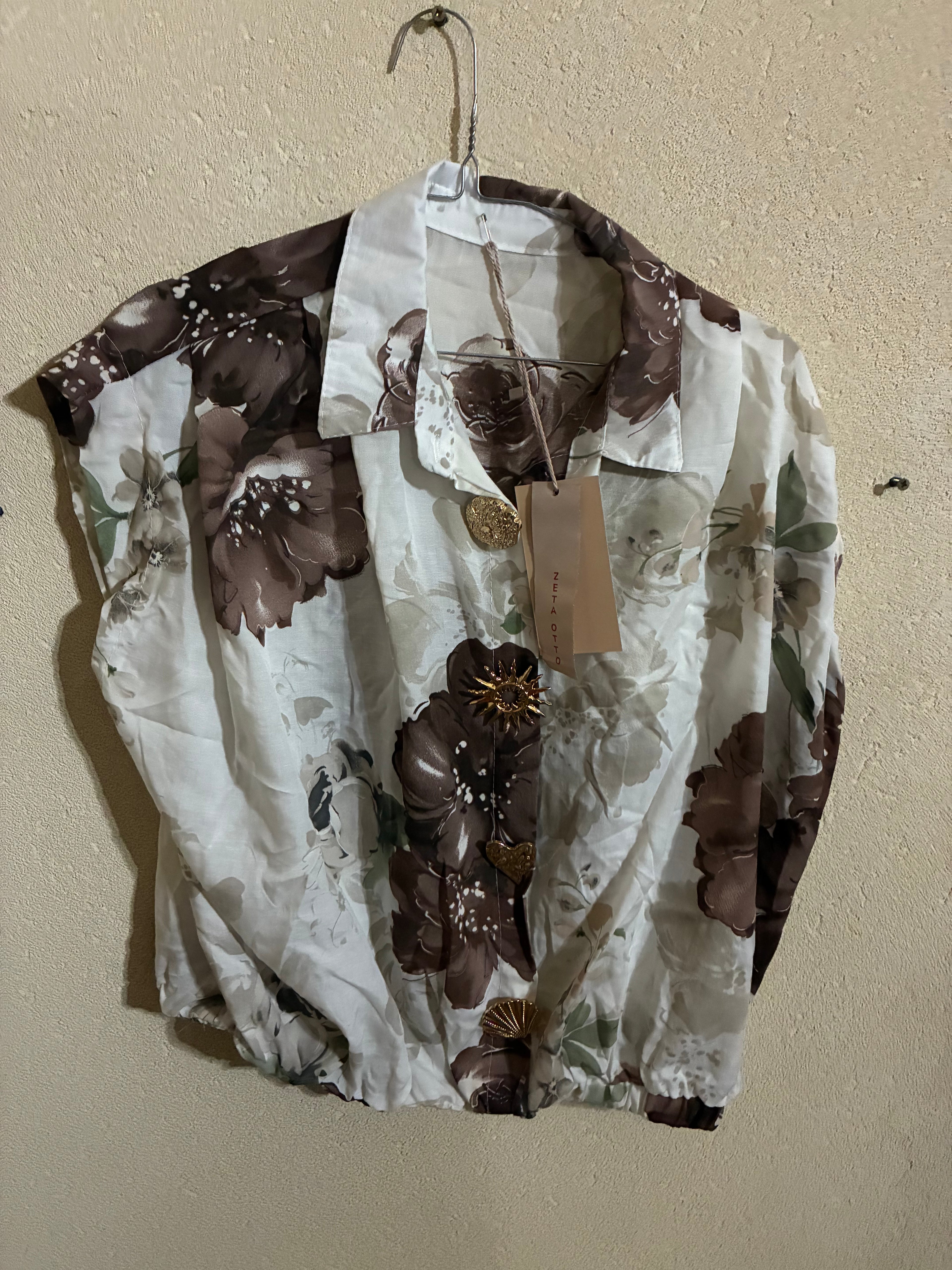 Shirt - Zetaotto - One Size - White & brown flowers - IT26-JUN-HC0007