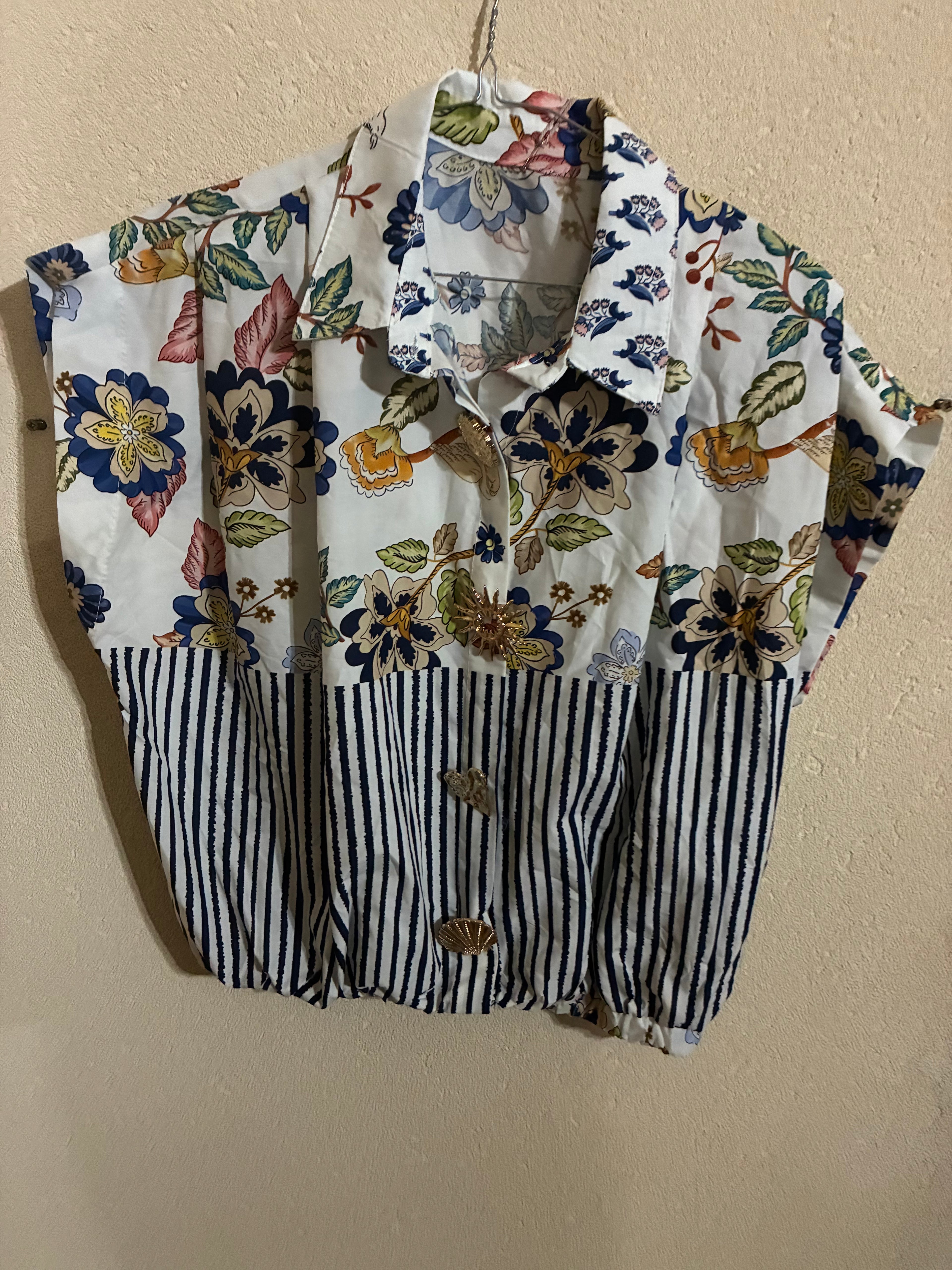 Shirt - Zetaotto - One Size - white & bleu flowers - IT26-JUN-HC0012